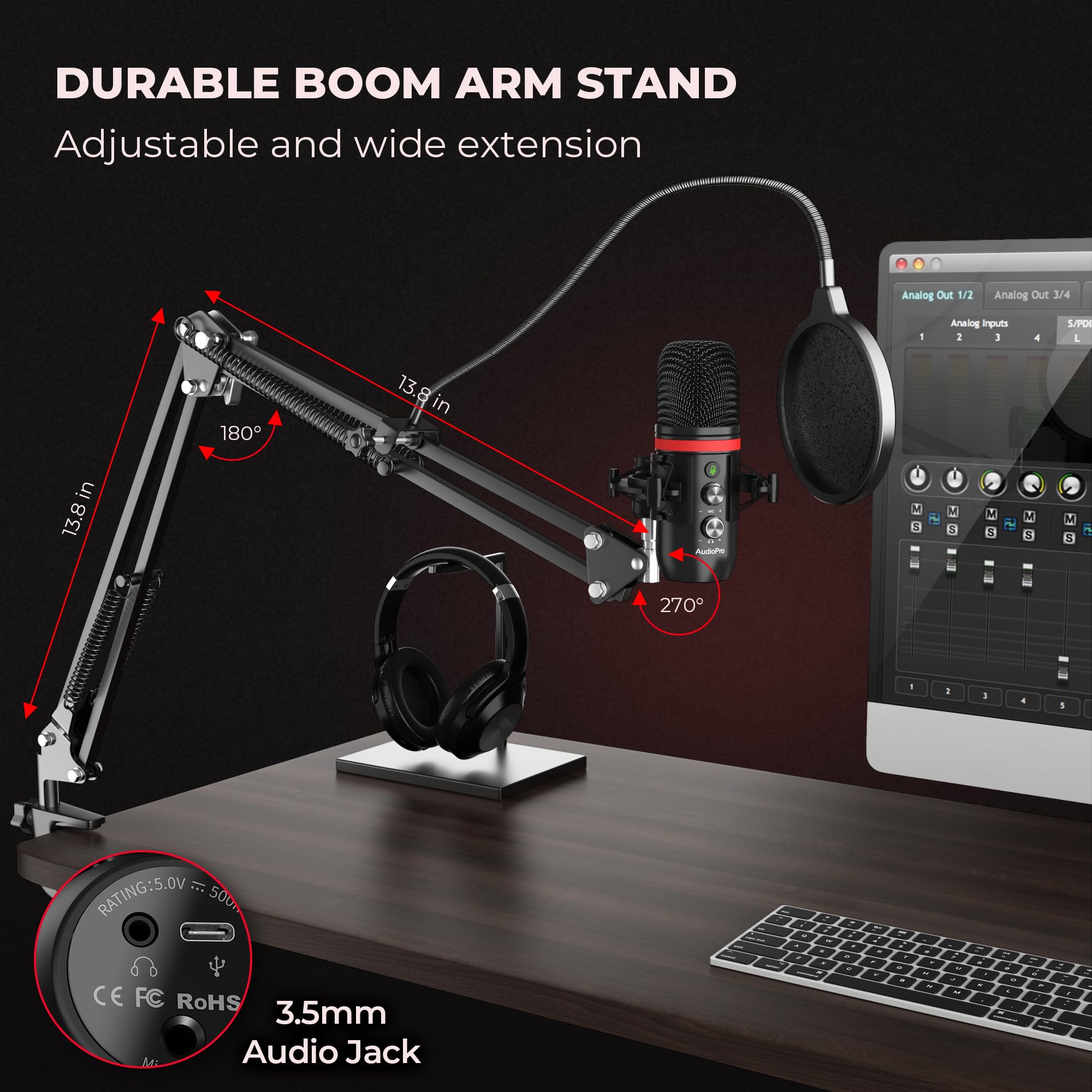 USB Condenser Microphone with Boom Arm & Pop Filter