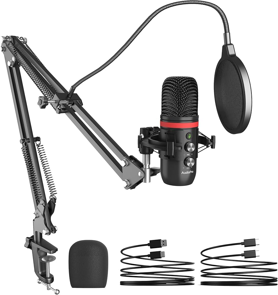 USB Condenser Microphone with Boom Arm & Pop Filter