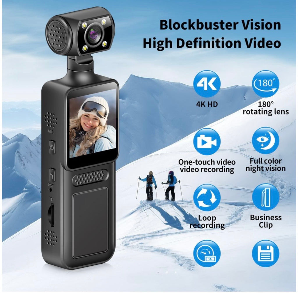 4K Handheld Action Camera with Clip-On Mount & Backpack Strap