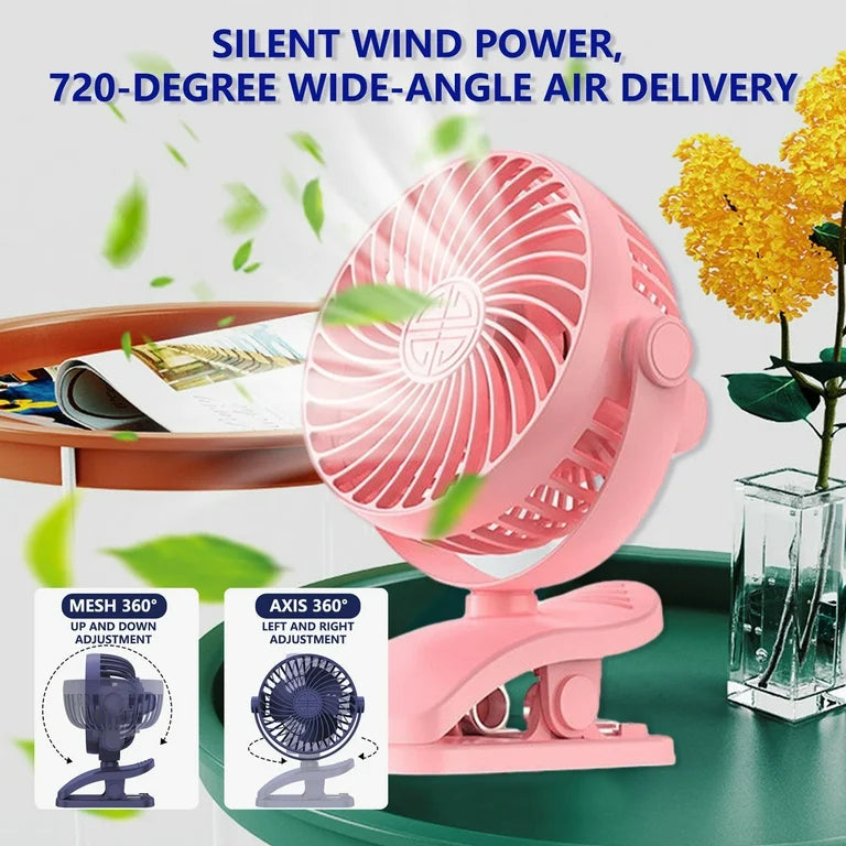 Rechargeable Clip-On Desk Fan - 3 Speed, USB Powered