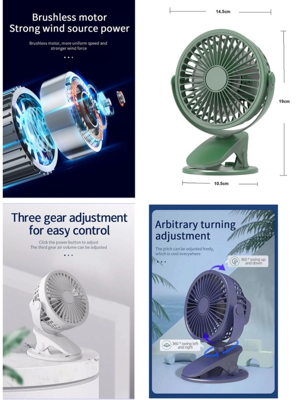 Rechargeable Clip-On Desk Fan - 3 Speed, USB Powered