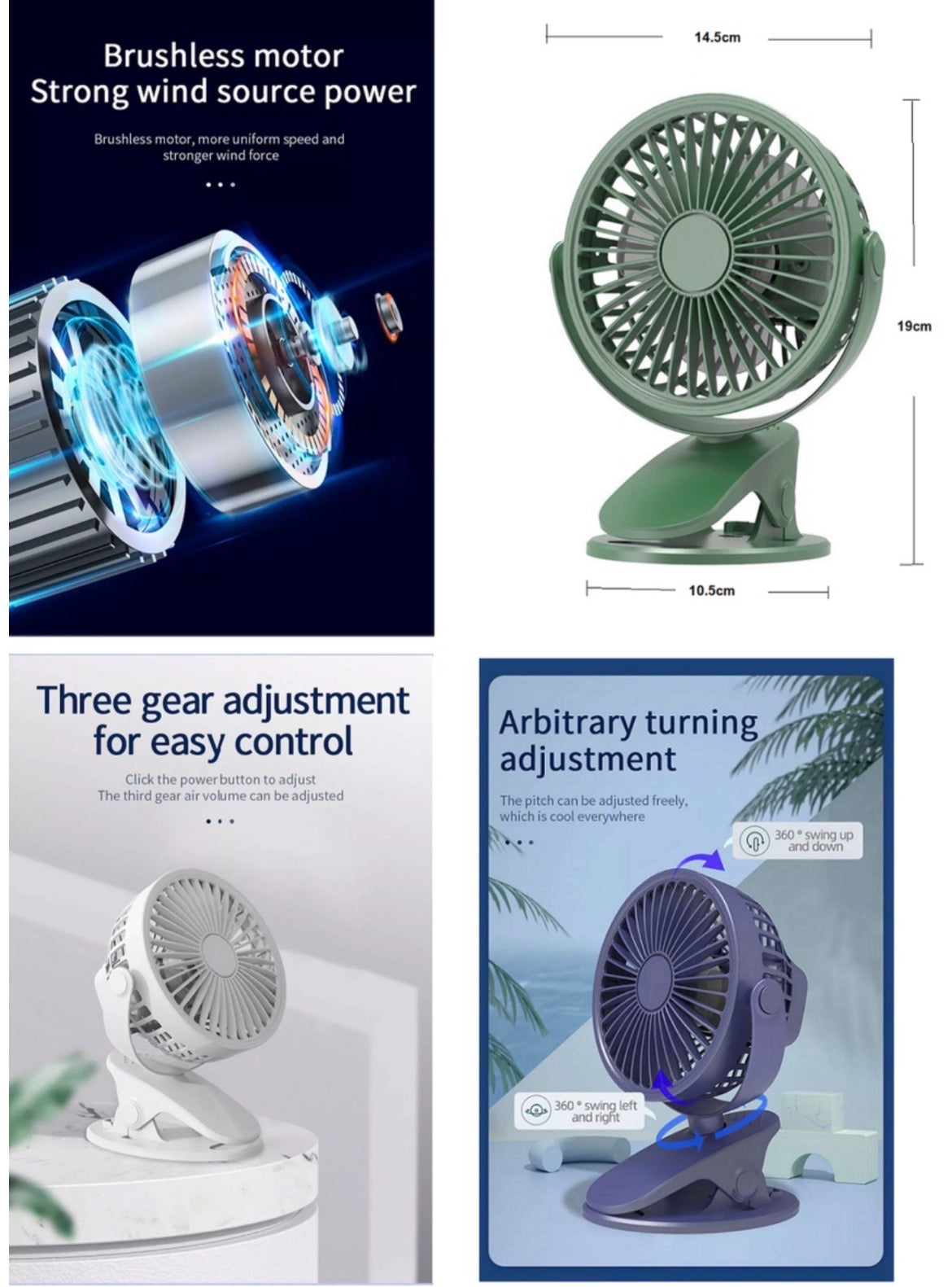 Rechargeable Clip-On Desk Fan - 3 Speed, USB Powered