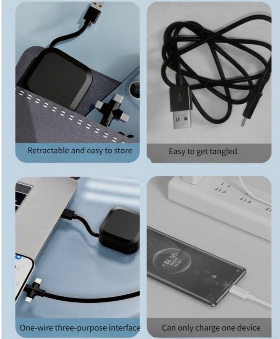 3-in-1 Retractable Charging Cable - Lightning, Type-C & Micro USB