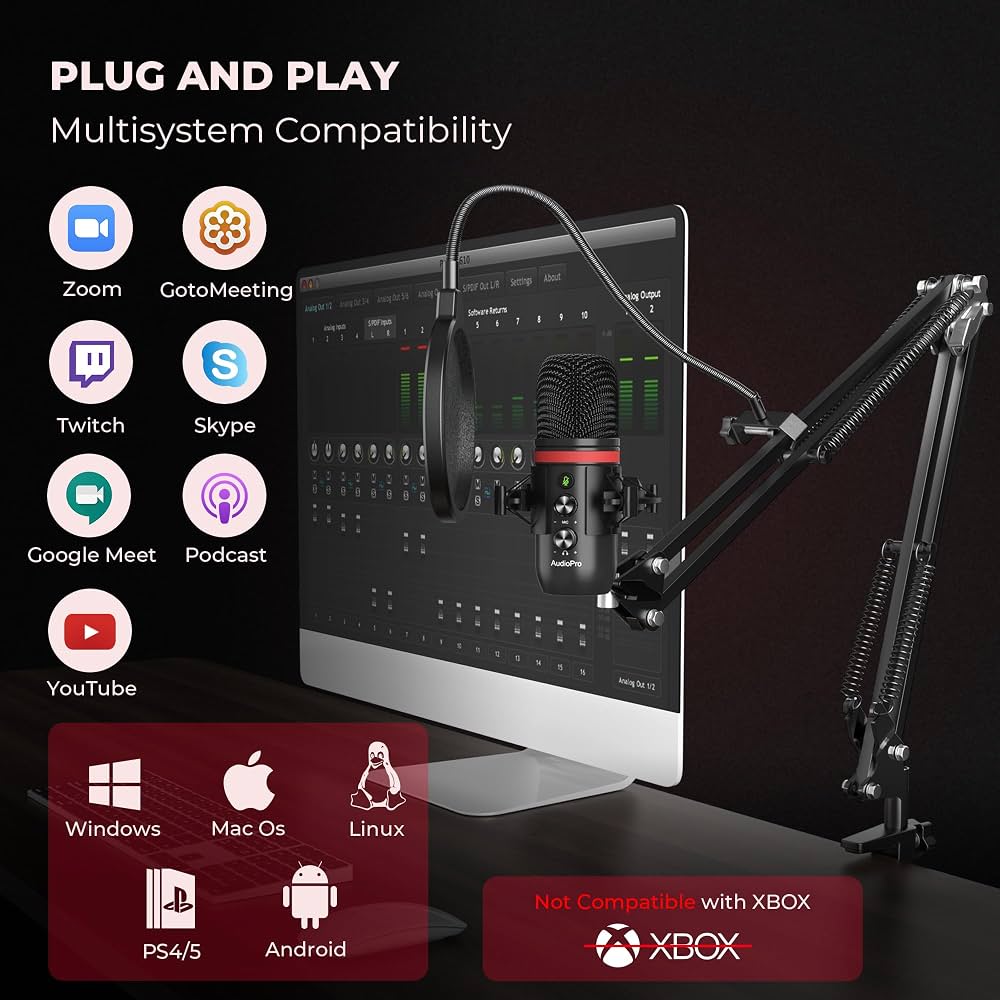 USB Condenser Microphone with Boom Arm & Pop Filter