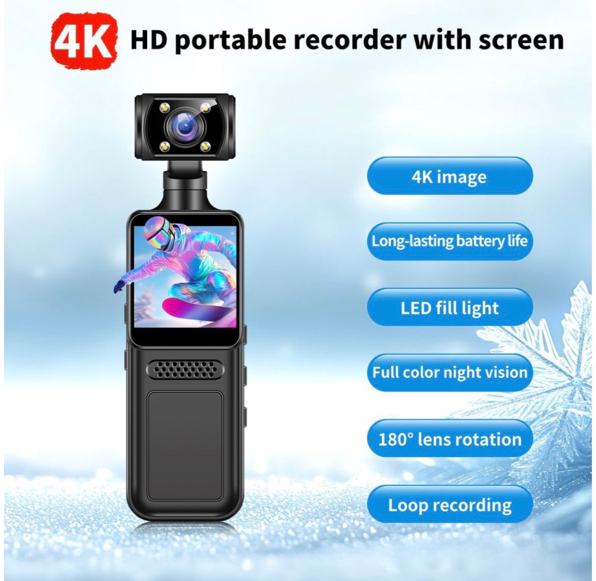 4K Handheld Action Camera with Clip-On Mount & Backpack Strap