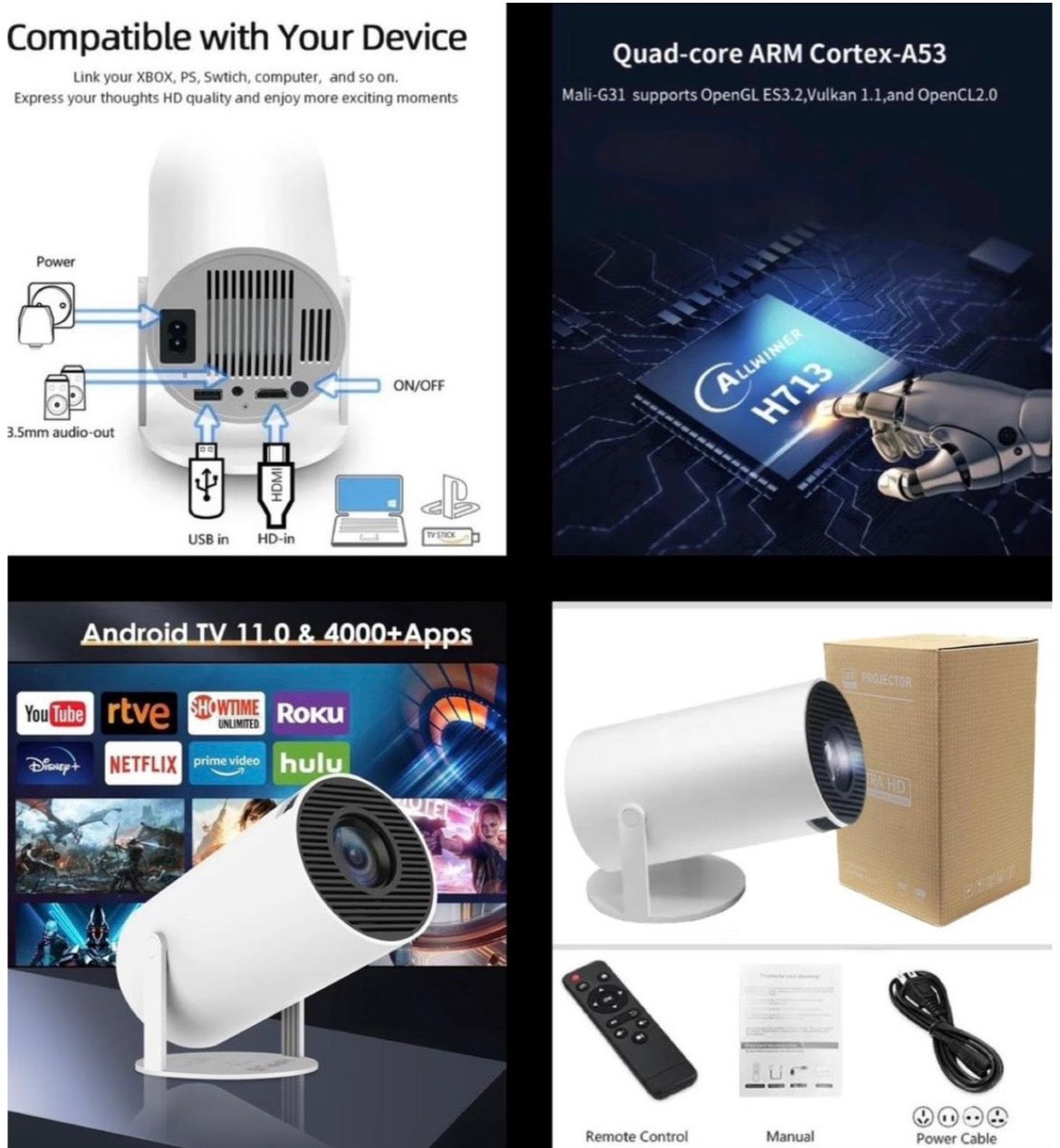 4K Ultra HD Mini Projector with Remote Control